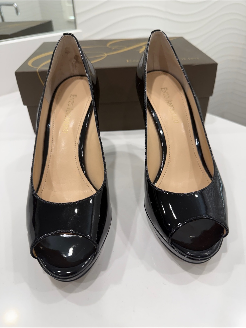 Enzo Angiolini Black Patent Peep-Toe Pumps